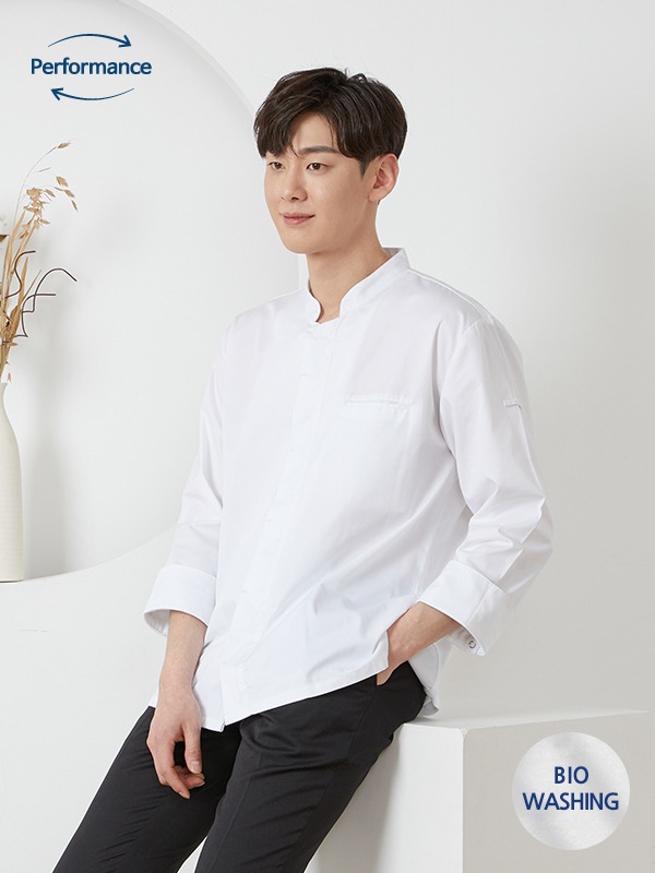히든 스냅 셔츠형 조리복 / 코지화이트 (바이오워싱)