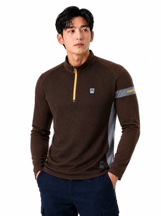 스퀘어엠보 반집업 기모티셔츠 브라운 6061