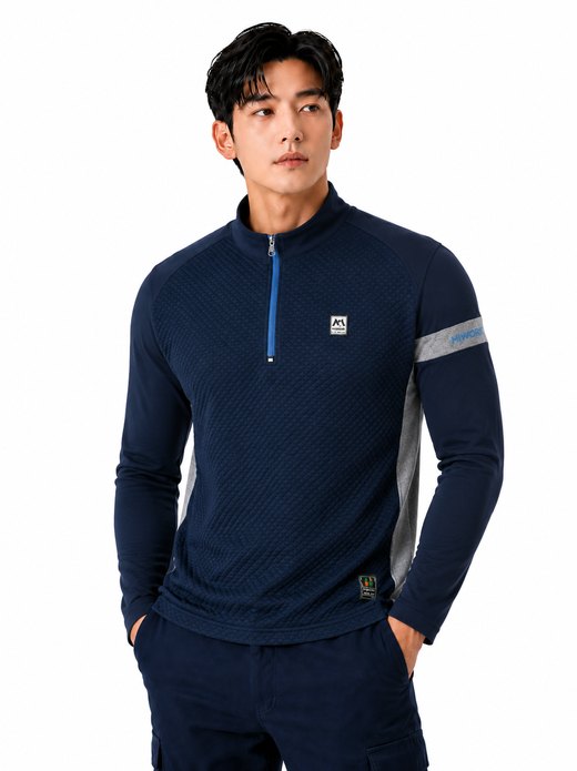 스퀘어엠보 반집업 기모티셔츠 네이비 6062