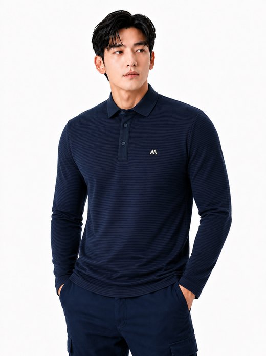 스트라이프 엠보 기모티셔츠 네이비 6103