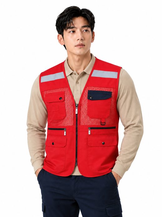배색주머니 TC조끼 레드 MK-131J
